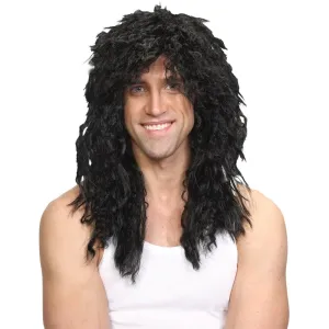 80s Rockstar Long Black Wig Big Hair Perm Fancy Dress