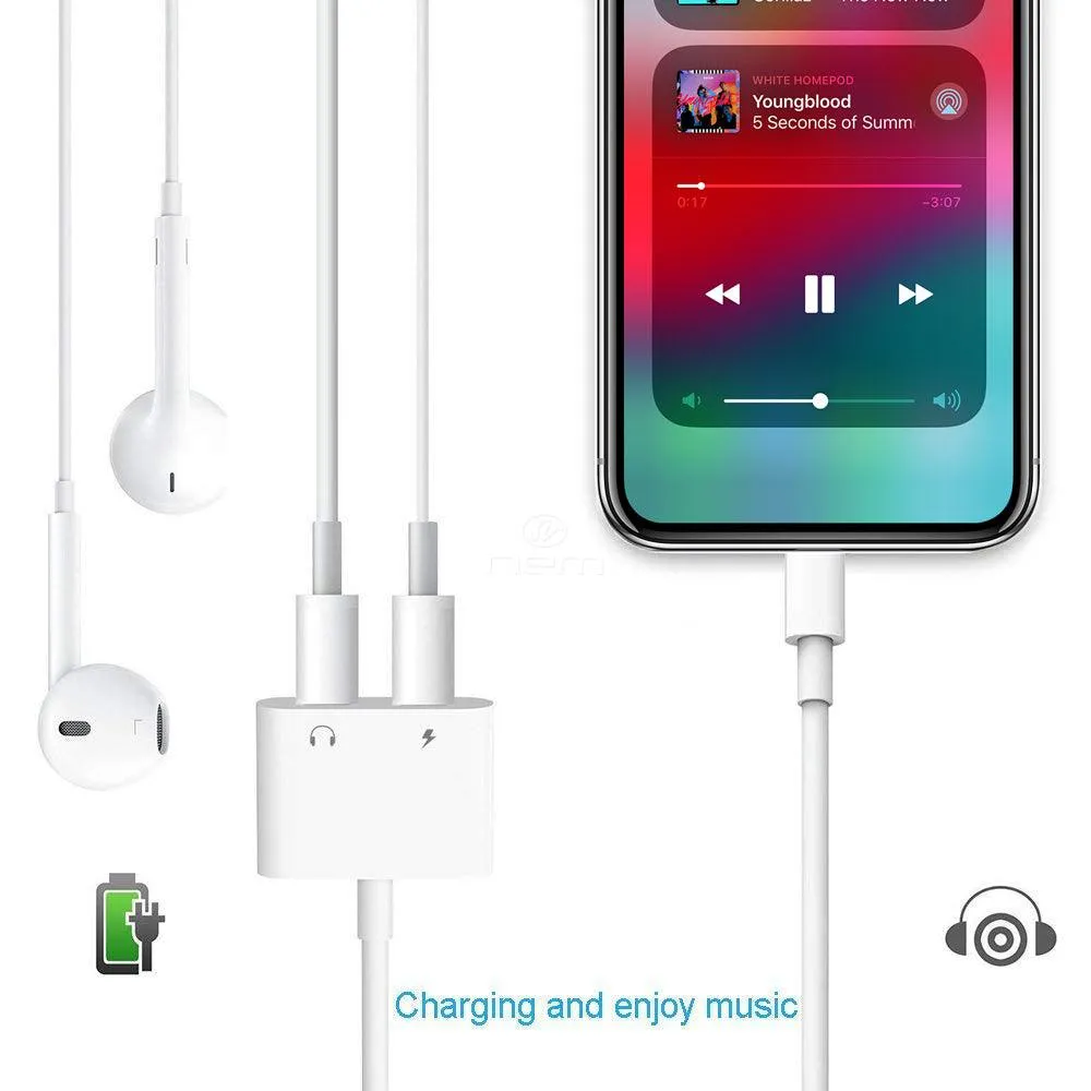 Apple iPhone / iPad 2-in-1 Dual Lightning Auxiliary Adapter Splitter Headphones Earphones Audio Charge Cable White by Modes