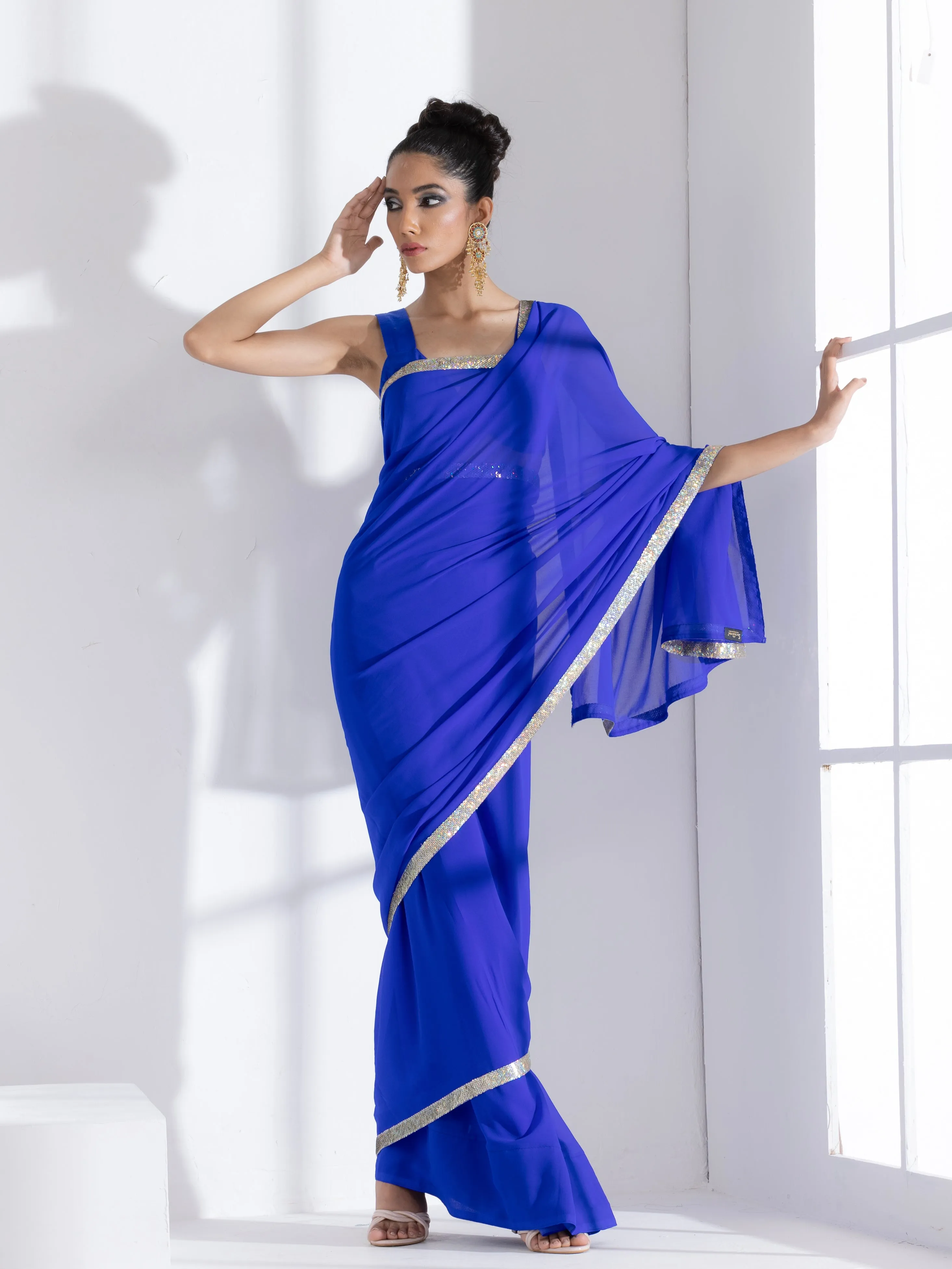 Badtameez Blue Georgette Saree with Iridescent Lace and Posh Blouse Fabric