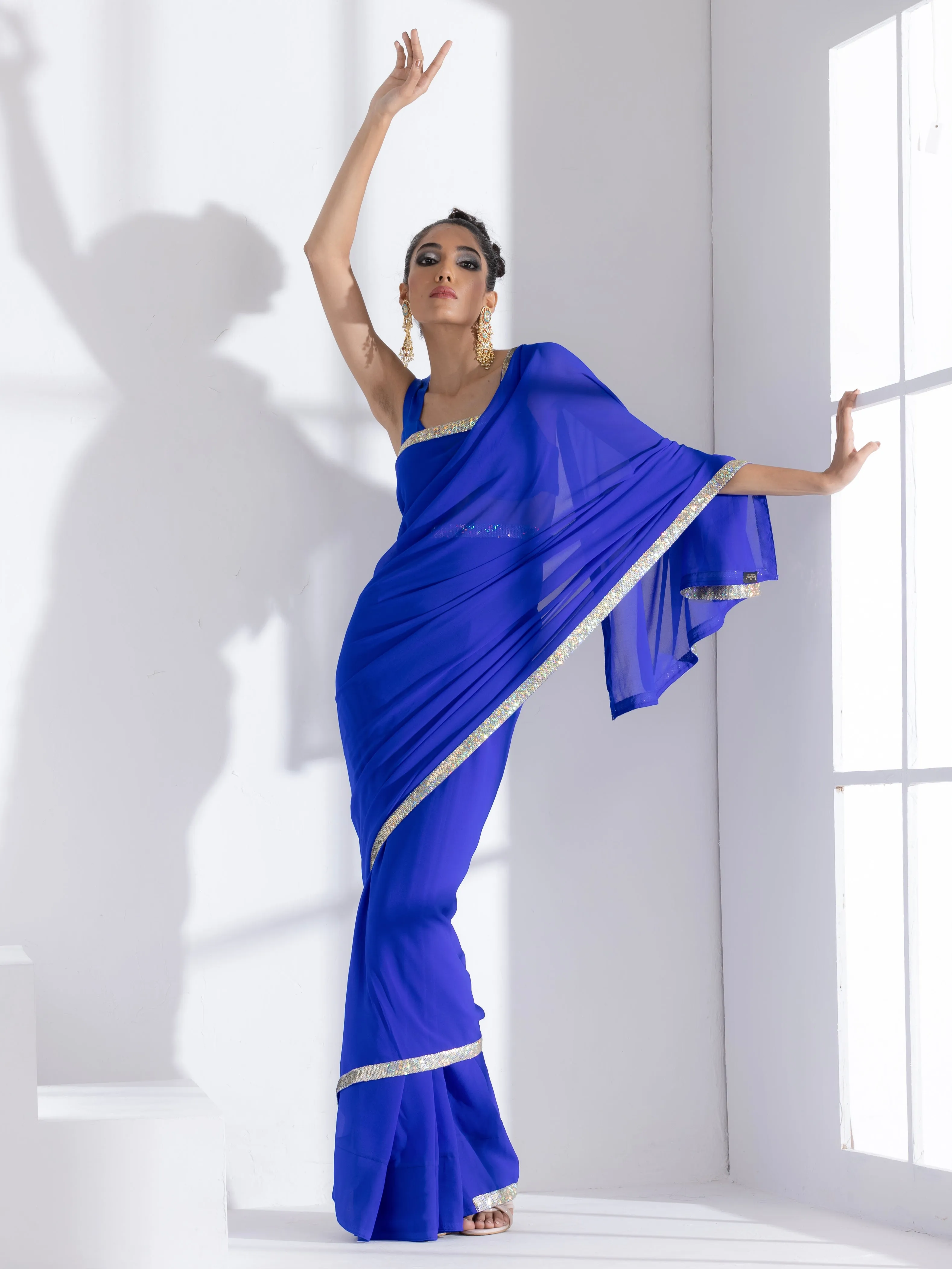 Badtameez Blue Georgette Saree with Iridescent Lace and Posh Blouse Fabric