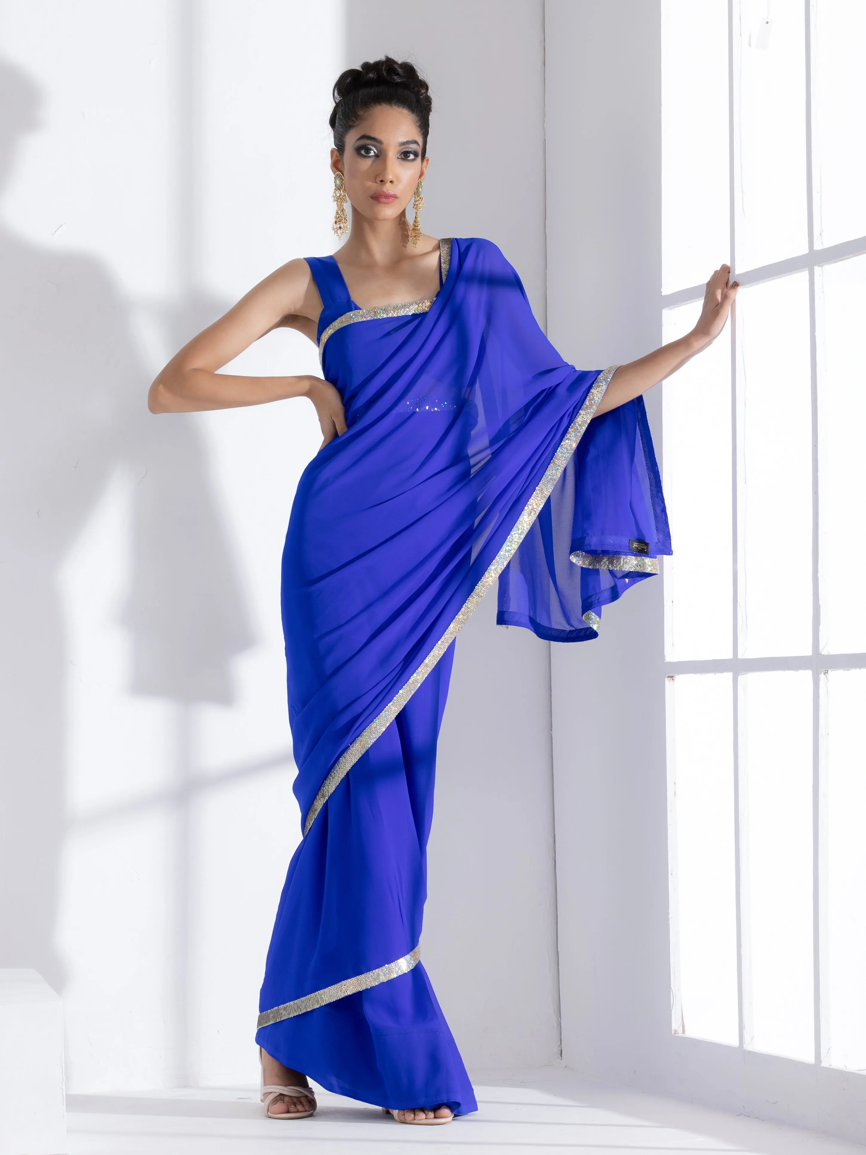 Badtameez Blue Georgette Saree with Iridescent Lace and Posh Blouse Fabric