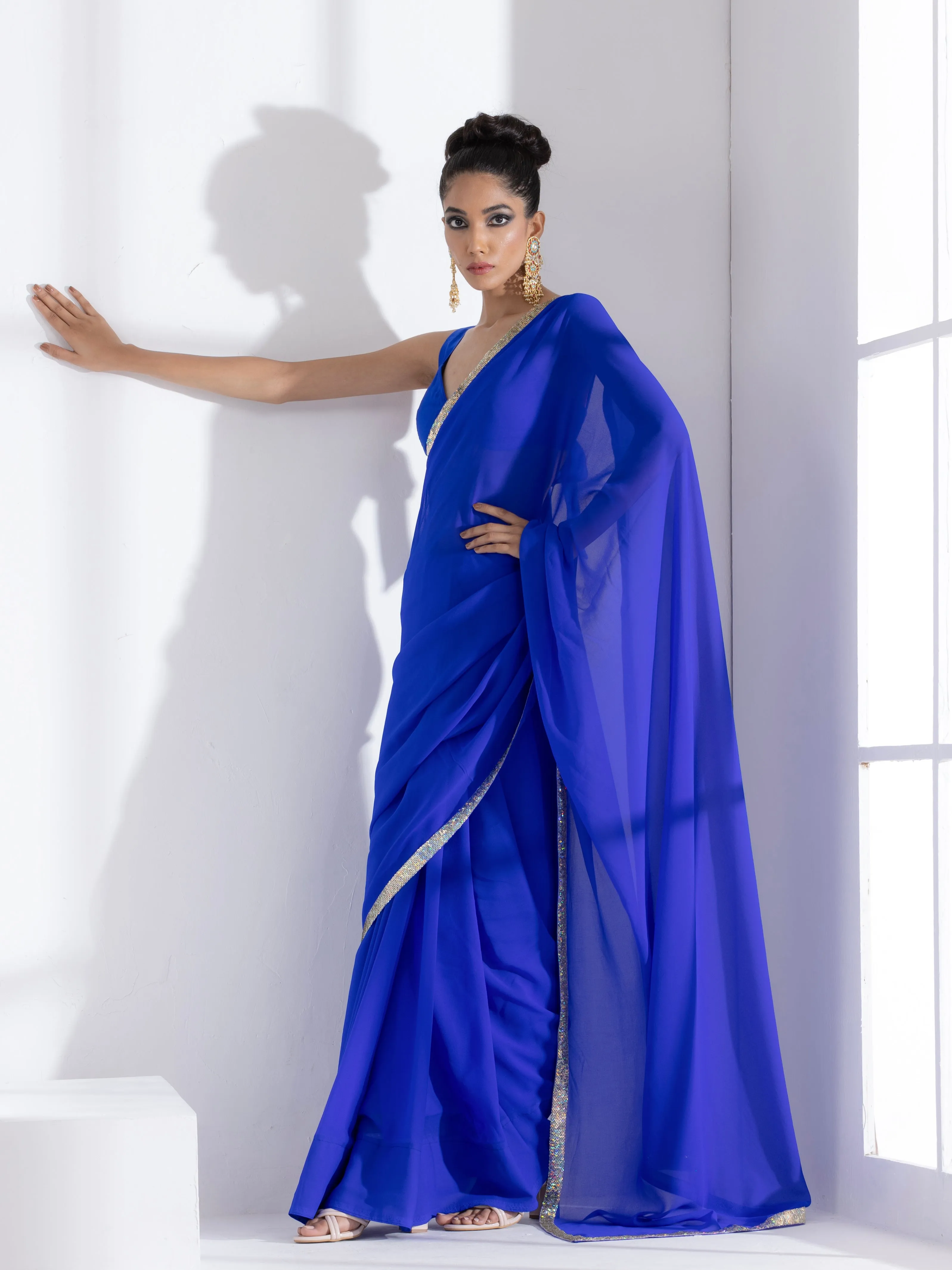 Badtameez Blue Georgette Saree with Iridescent Lace and Posh Blouse Fabric