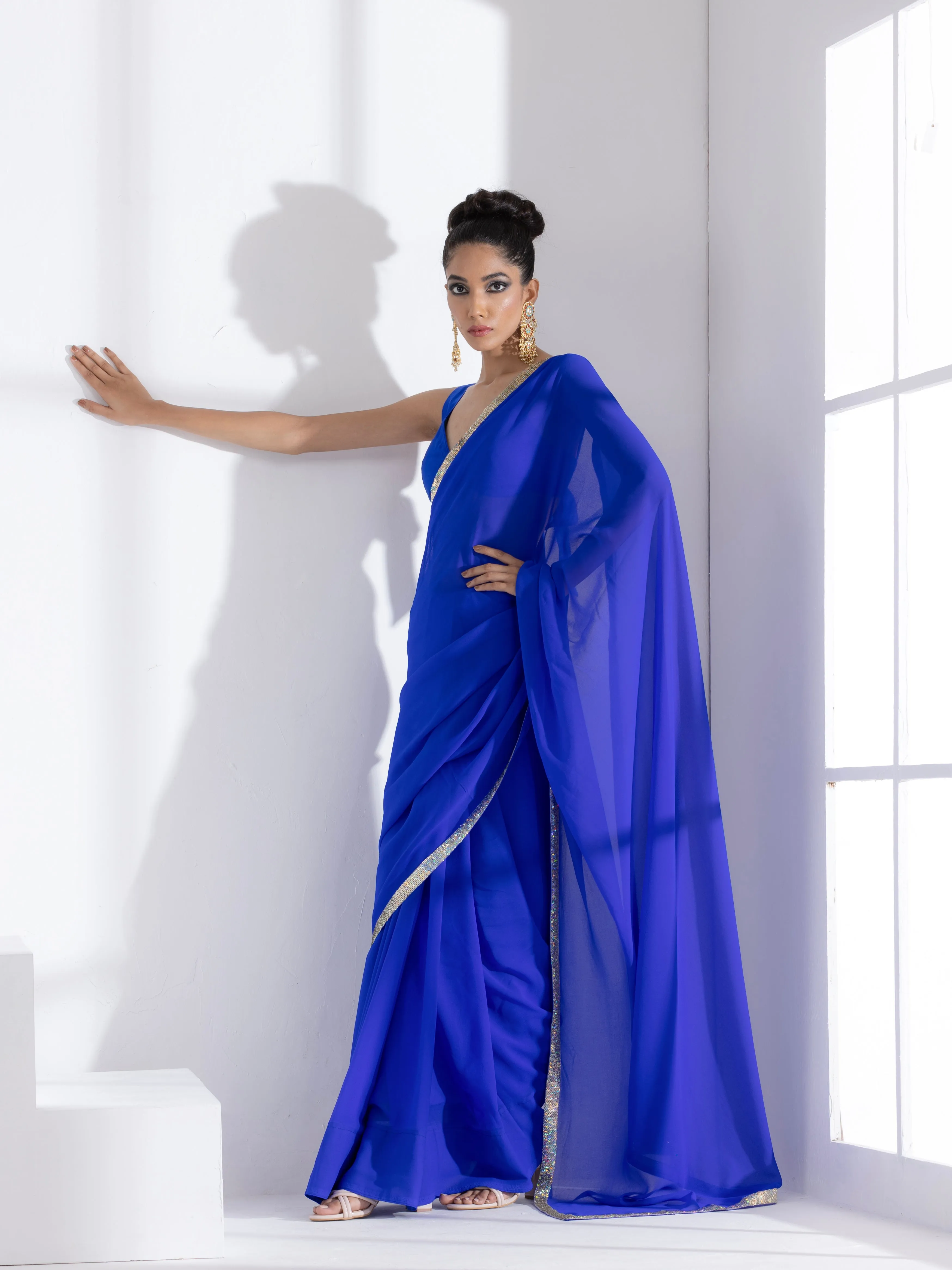 Badtameez Blue Georgette Saree with Iridescent Lace and Posh Blouse Fabric