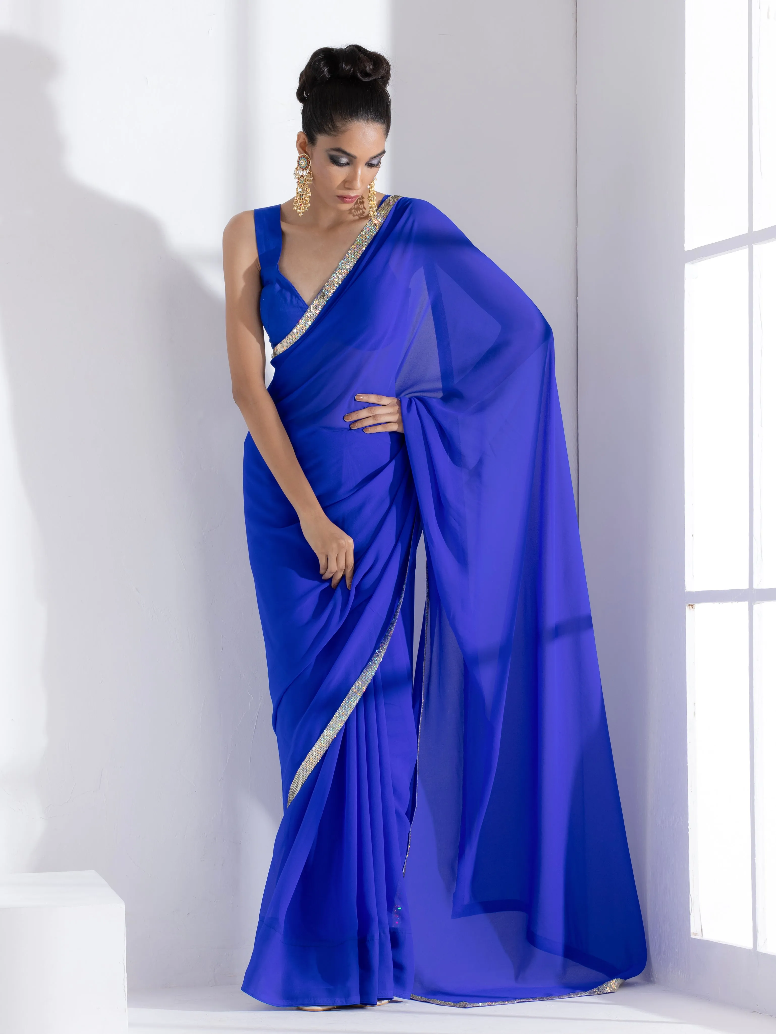 Badtameez Blue Georgette Saree with Iridescent Lace and Posh Blouse Fabric