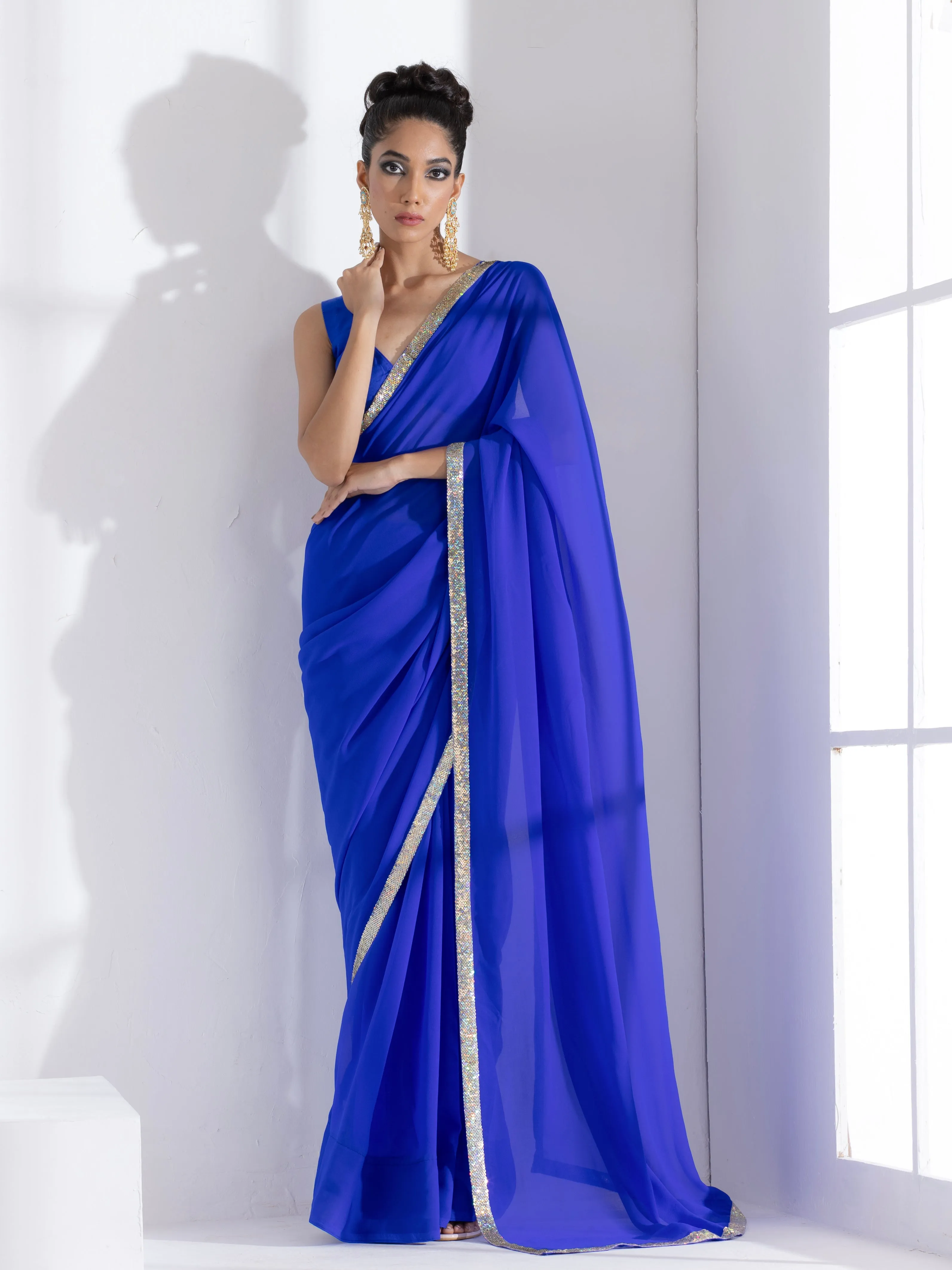 Badtameez Blue Georgette Saree with Iridescent Lace and Posh Blouse Fabric