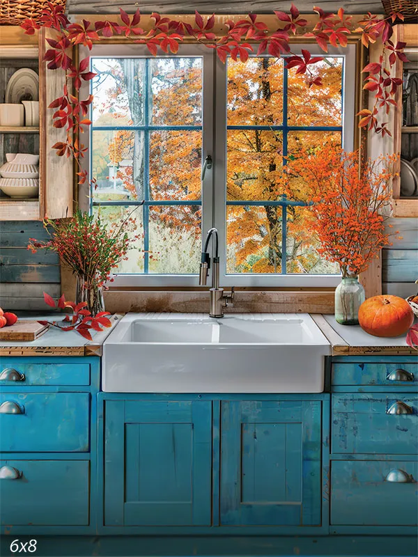 Cozy Autumn Kitchen Photography Backdrop