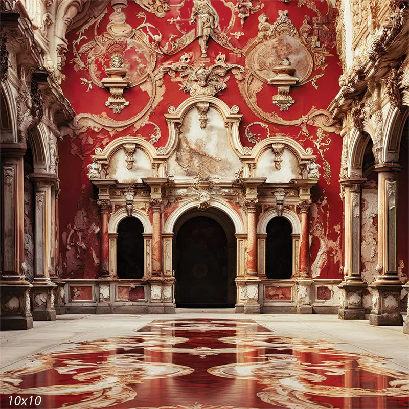 Distressed Baroque Red Palace Archway Photography Backdrop