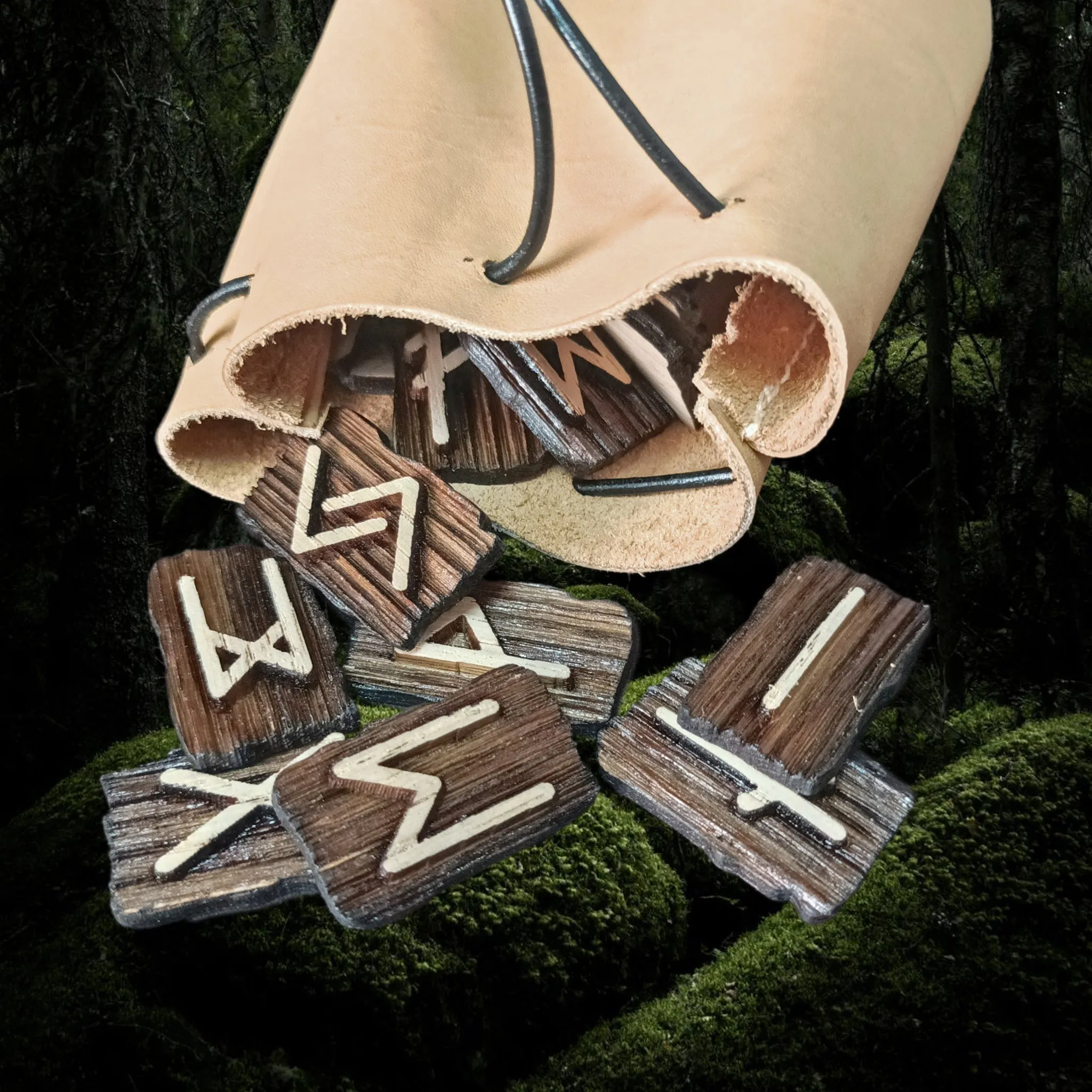 Elder Futhark Wooden Rune Set in Leather Pouch