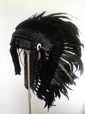 N90- Medium Black Headdress, native american Style warbonnet