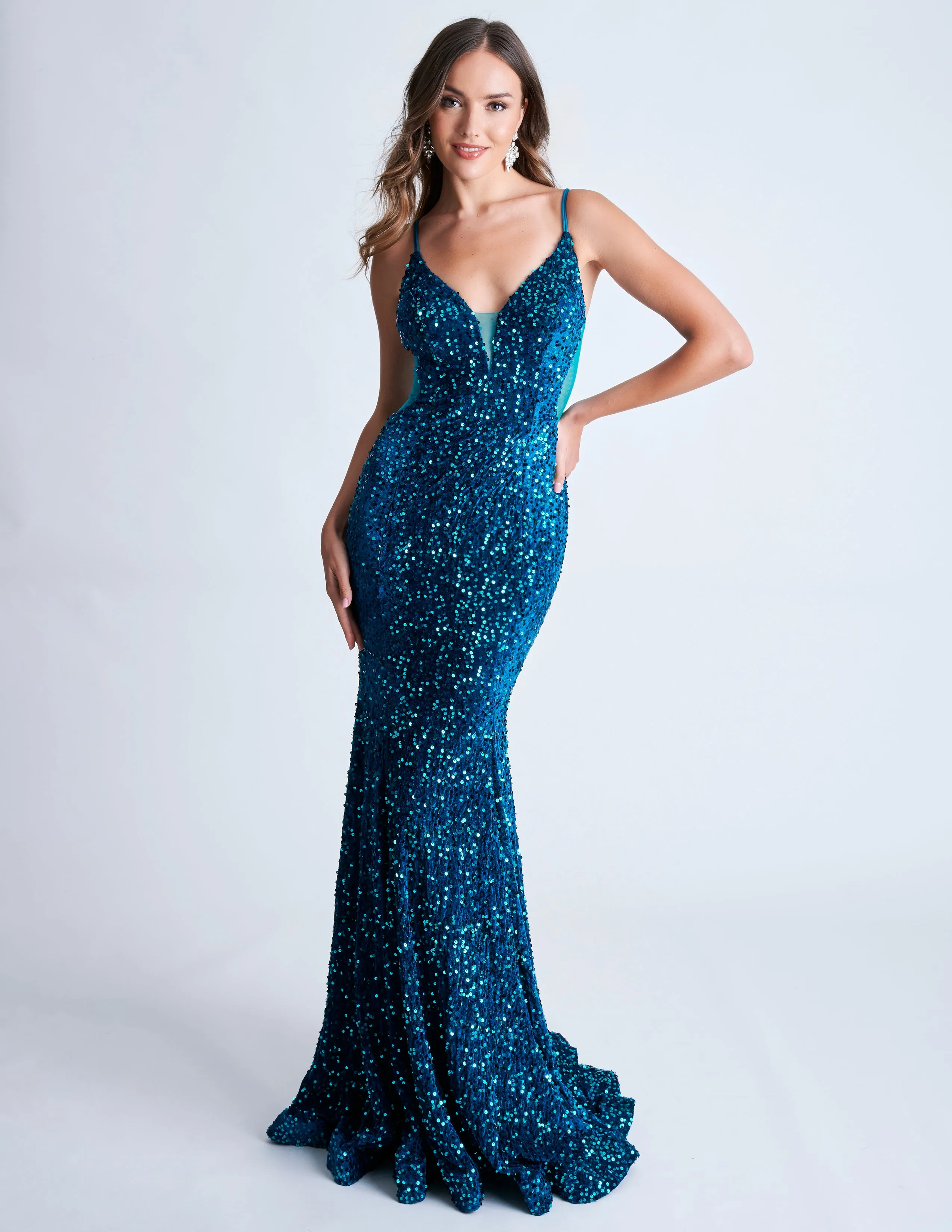 Nina Canacci 4420 Velvet Sequin Mermaid Prom Dress Formal Evening Gown Sheer V Neck