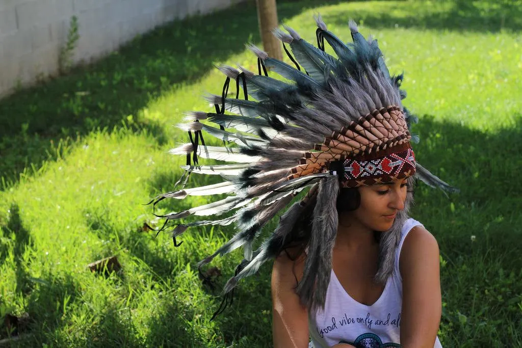 PRICE REDUCED N62- Grey Indian Headdress, native american Style warbonnet