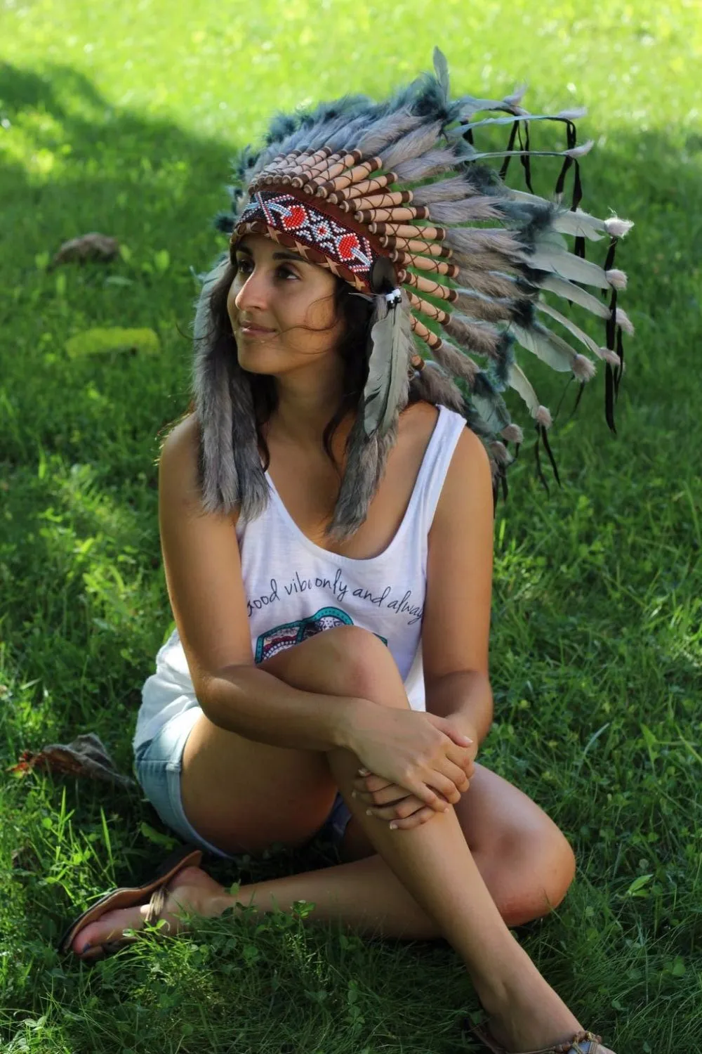 PRICE REDUCED N62- Grey Indian Headdress, native american Style warbonnet