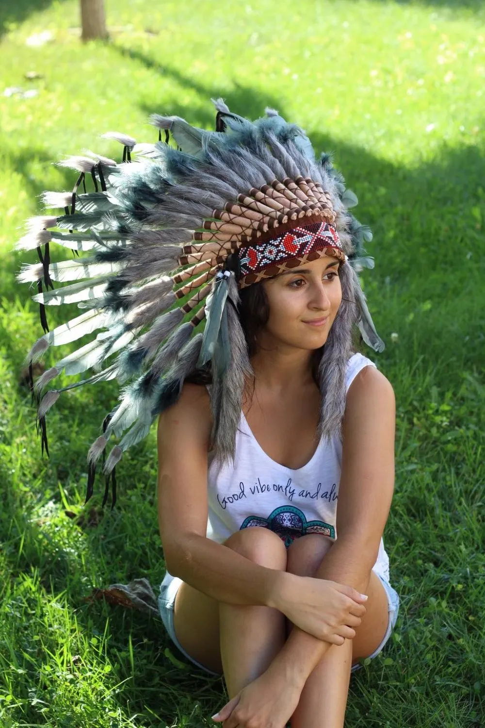 PRICE REDUCED N62- Grey Indian Headdress, native american Style warbonnet