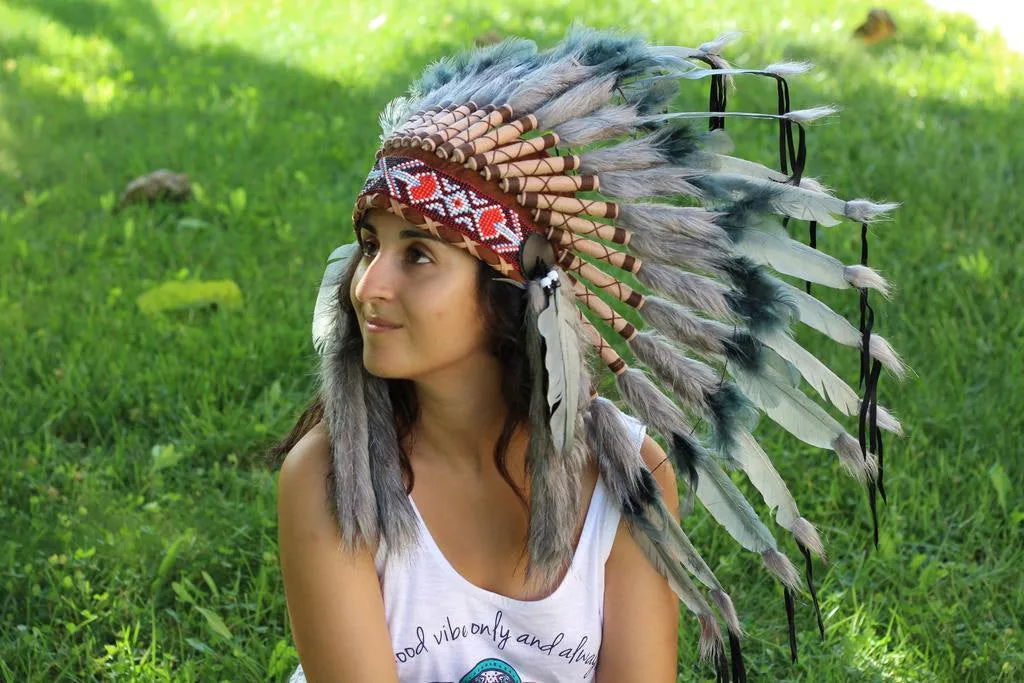 PRICE REDUCED N62- Grey Indian Headdress, native american Style warbonnet