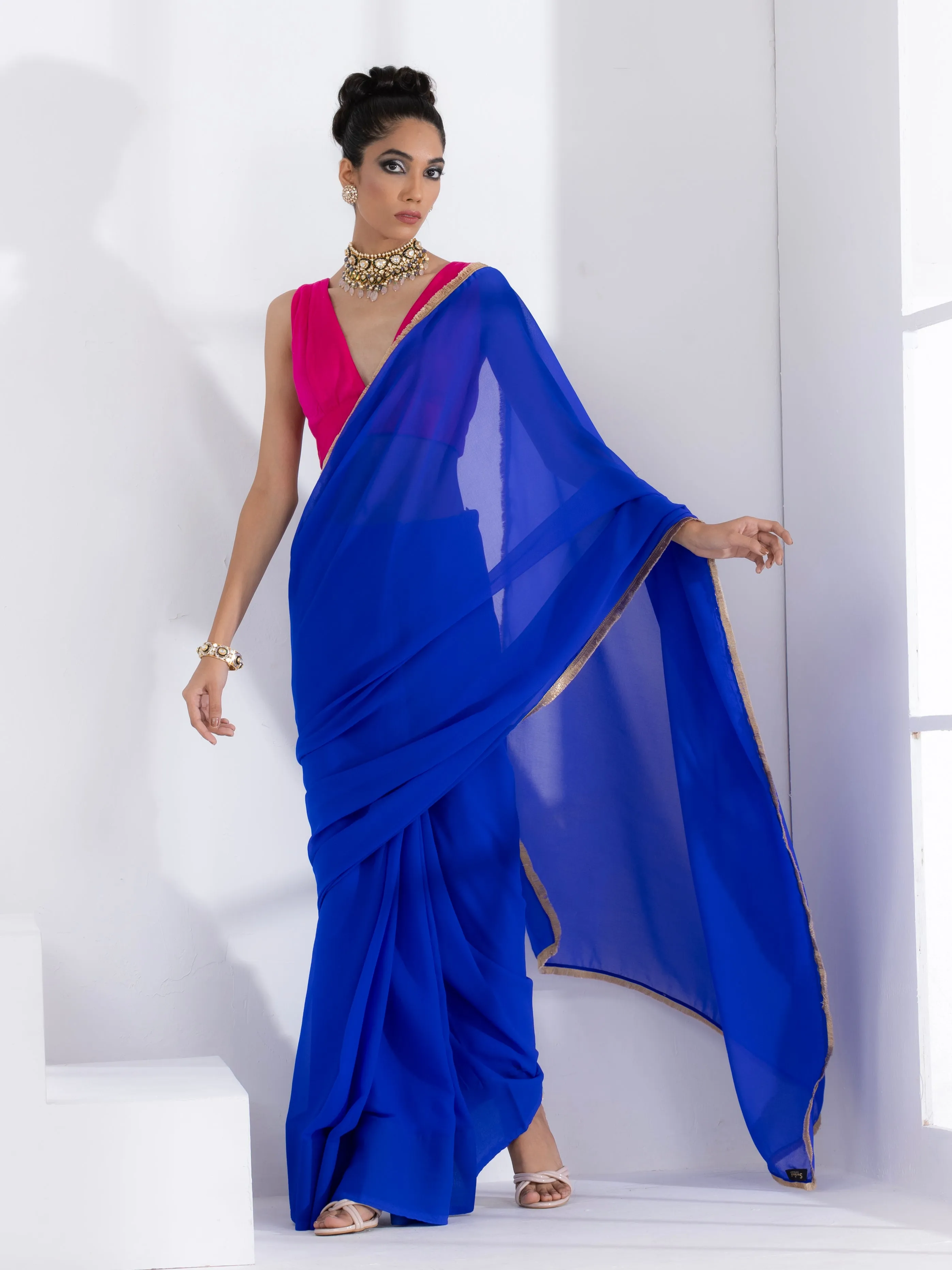 Royal Blue Georgette Saree with Lace & Pink Posh Blouse Fabric