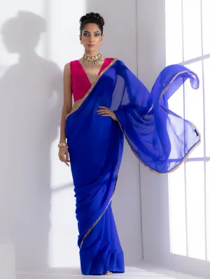 Royal Blue Georgette Saree with Lace & Pink Posh Blouse Fabric