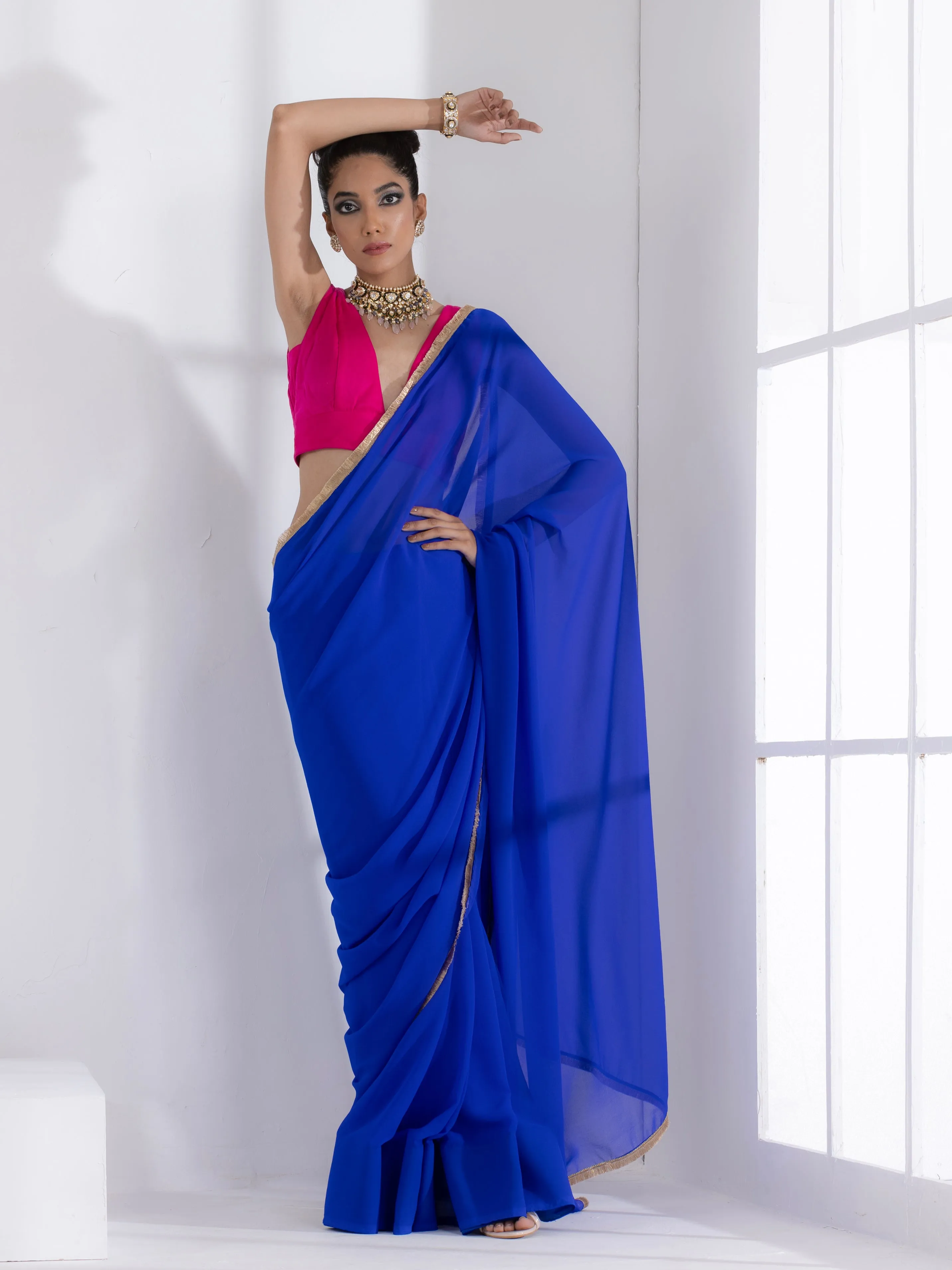 Royal Blue Georgette Saree with Lace & Pink Posh Blouse Fabric