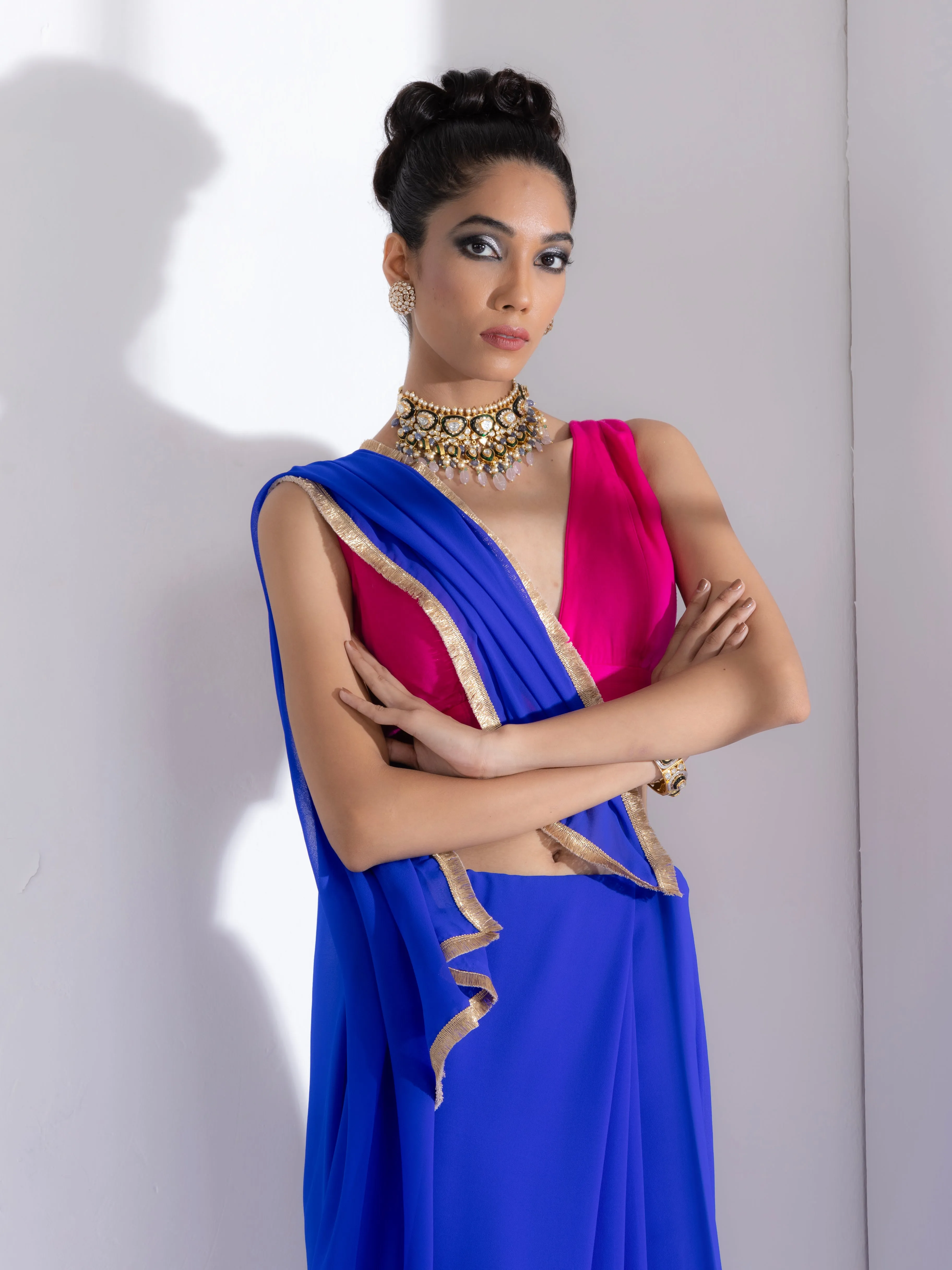 Royal Blue Georgette Saree with Lace & Pink Posh Blouse Fabric