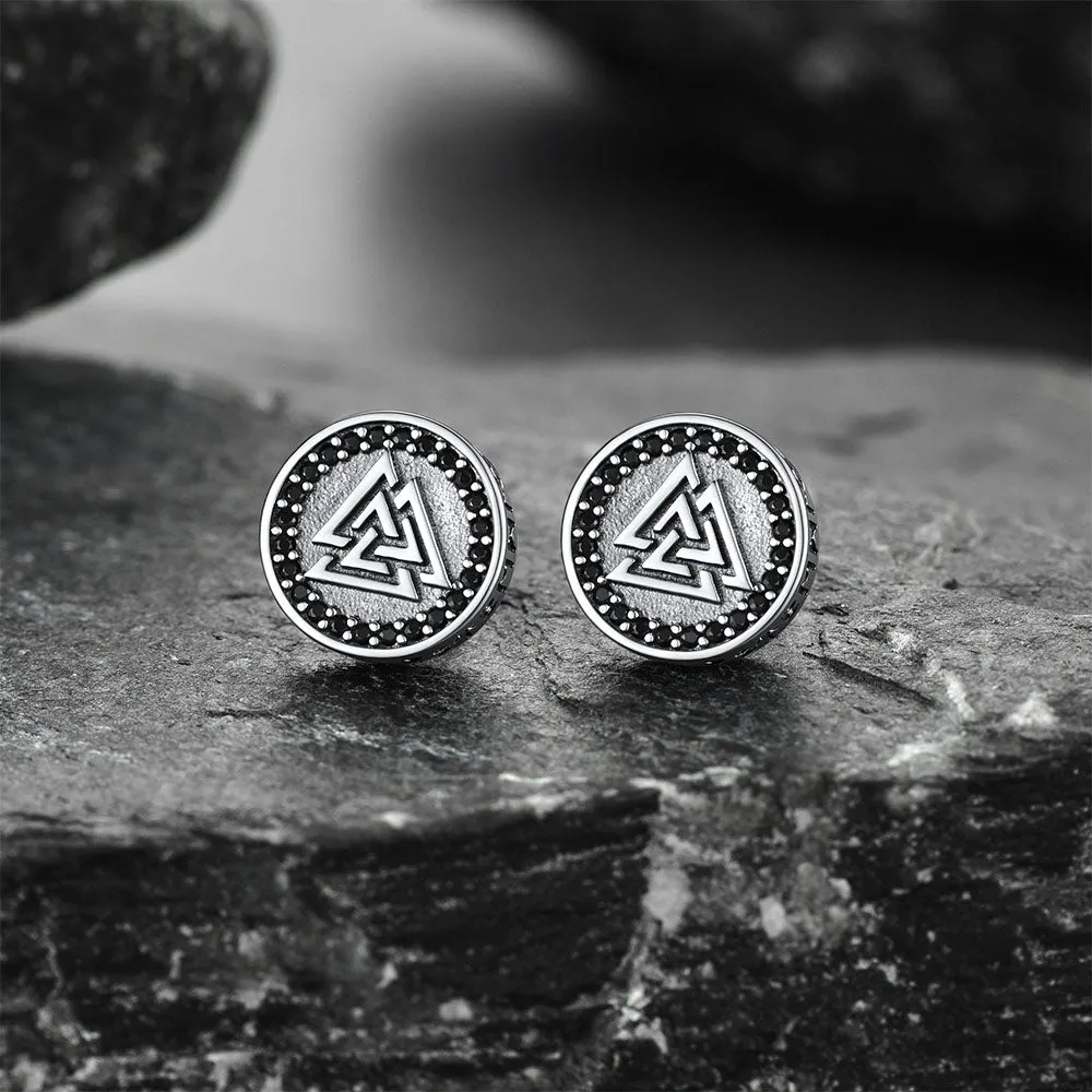 Sterling Silver Viking Valknut Stud Earrings With Runes