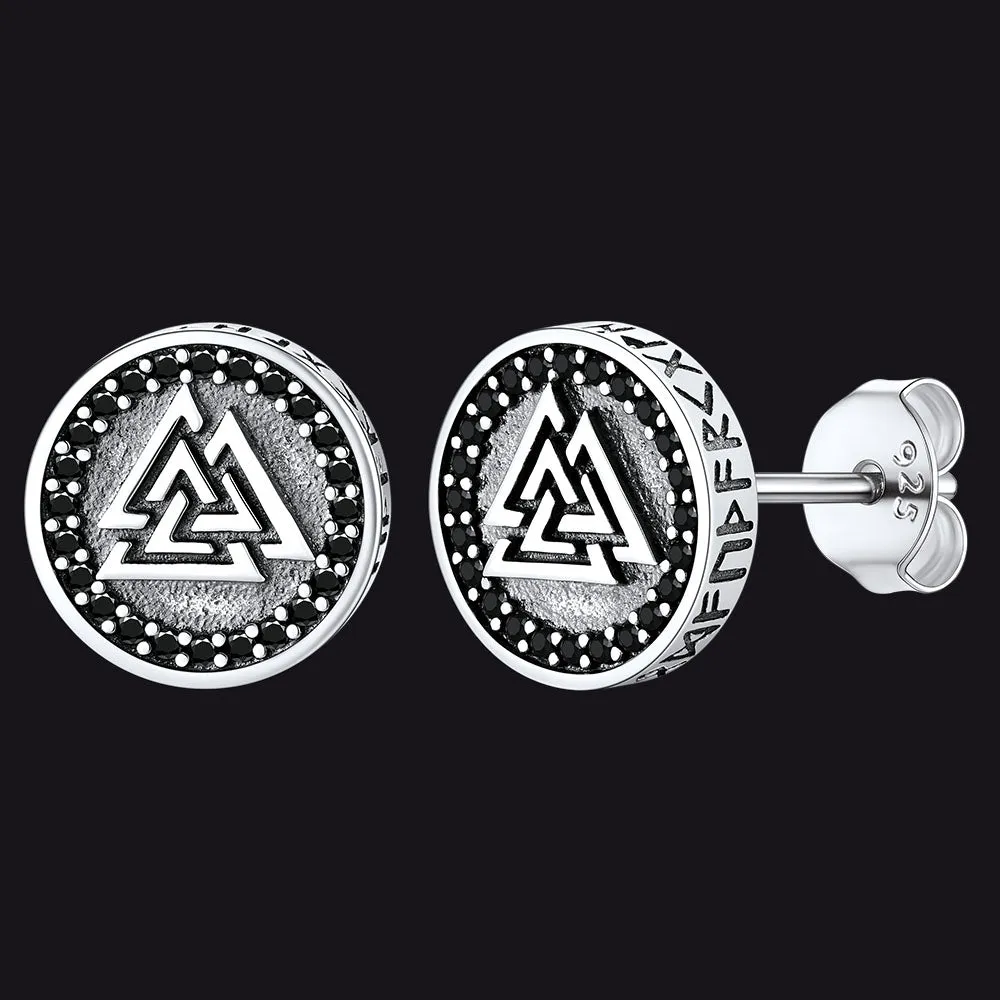 Sterling Silver Viking Valknut Stud Earrings With Runes