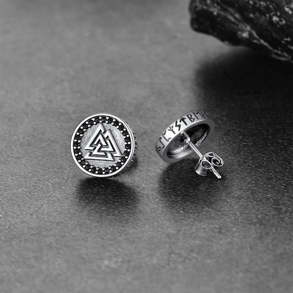 Sterling Silver Viking Valknut Stud Earrings With Runes