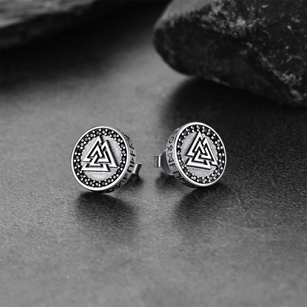 Sterling Silver Viking Valknut Stud Earrings With Runes