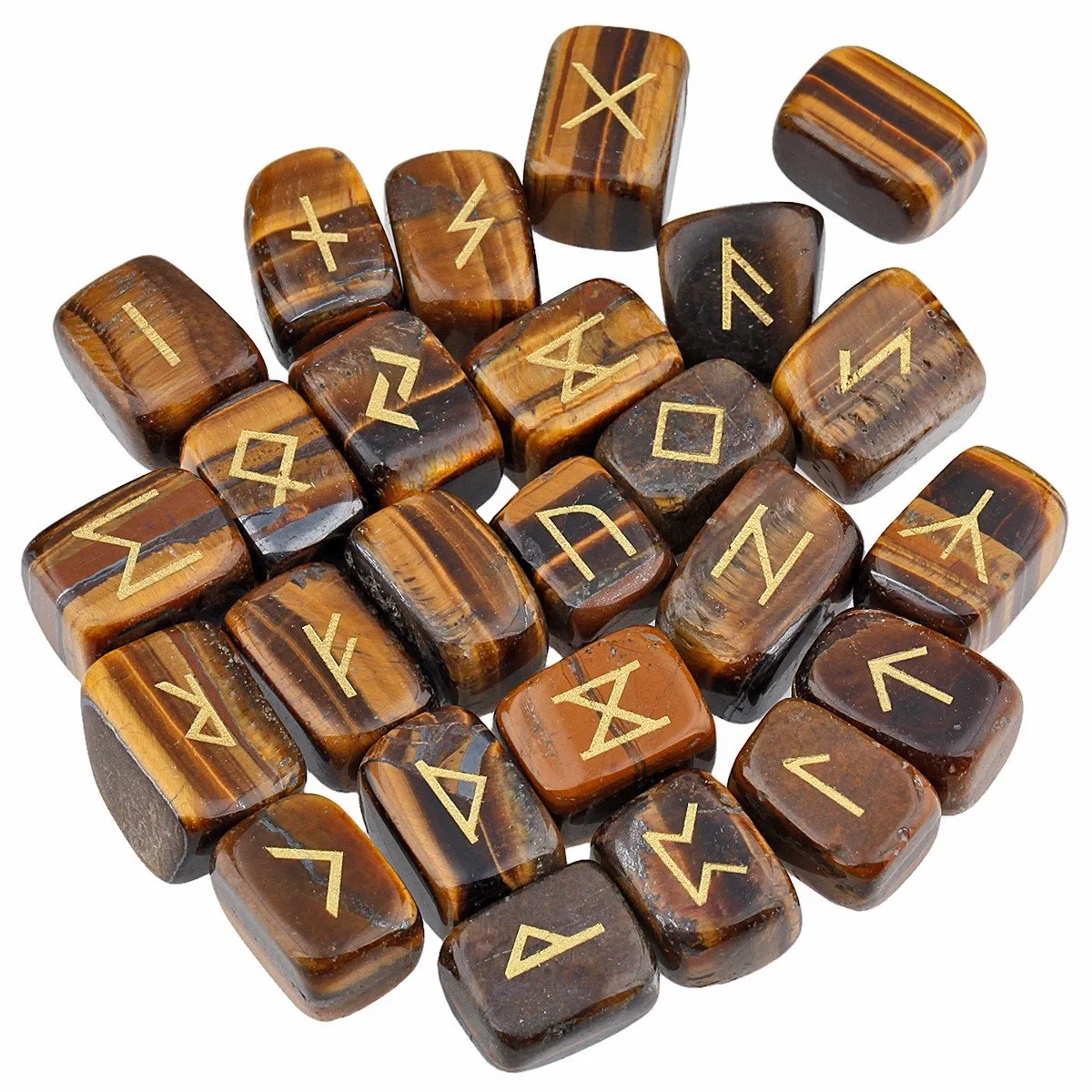 SUNYIK Natural Tiger's Eye Stone Rune Stones Set with Engraved Elder Futhark Alphabet Lettering Polished Healing Crystal Kit